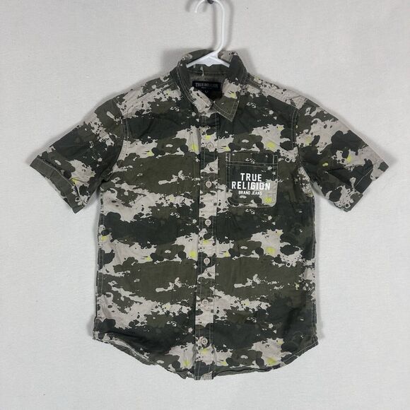 True Religion Camo Button Up Shirt Boys Small Casual Short Sleeve Top Green S/S - Picture 1 of 9